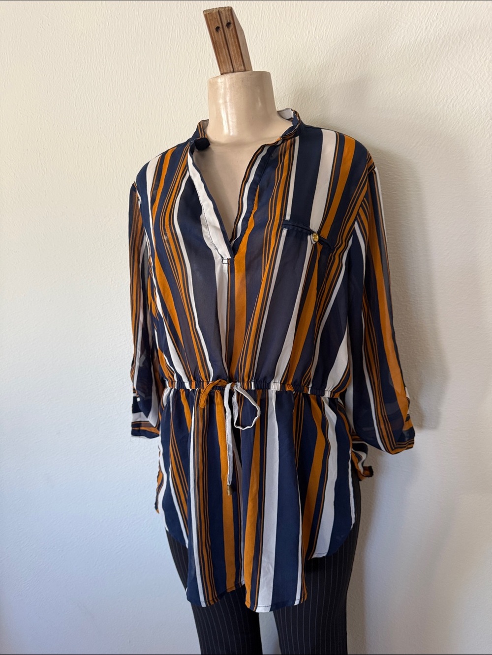 Striped Navy and Mustard Women's Top M tied waist